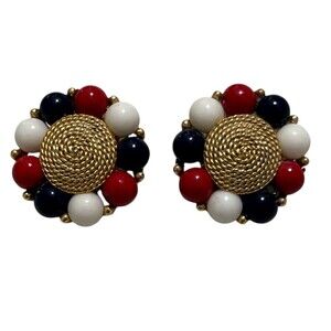 Red White & Blue Bead Cluster Gold Tone Rope Center Clip-on Earrings Vintage
